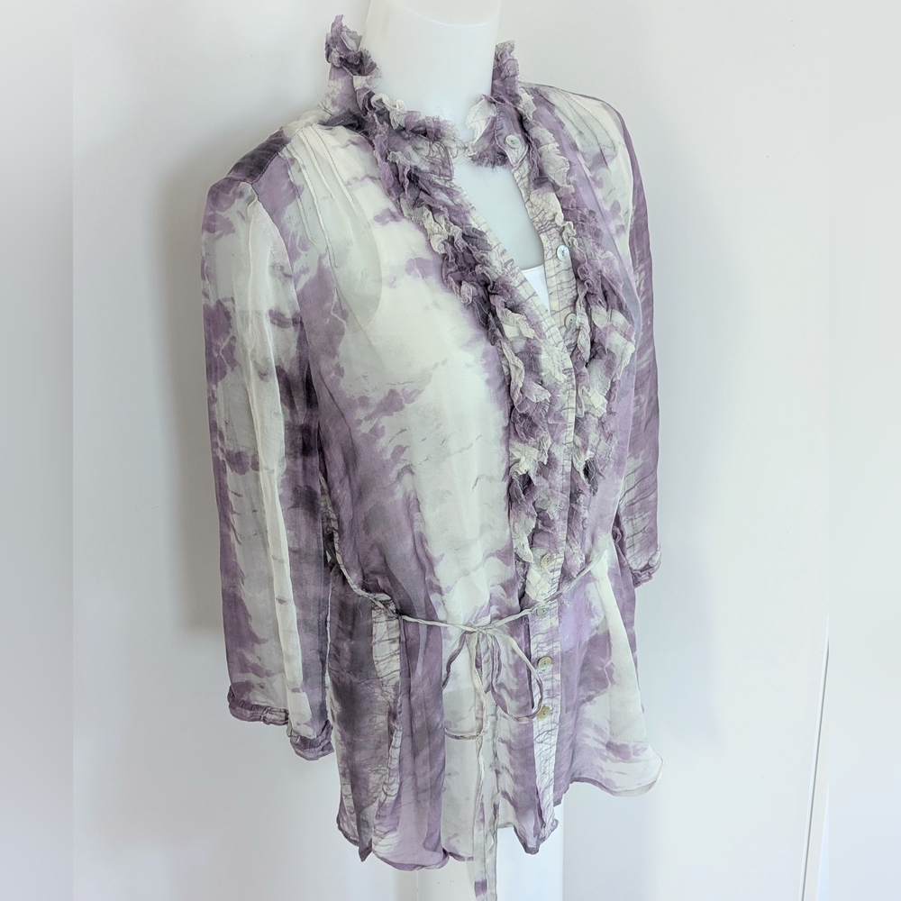 DA-NANG Silk Long Sleeve Tie Dye Blouse with Ruffle Front, Purple/Light Grey;SzM